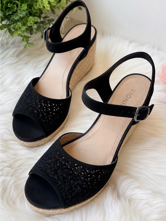 Vionic Shoes - Vionic Black Espadrille Wedge Sandals with Perforated Toe